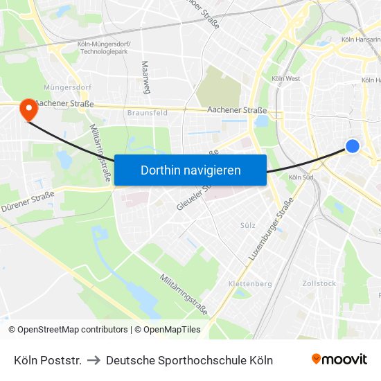 Köln Poststr. to Deutsche Sporthochschule Köln map