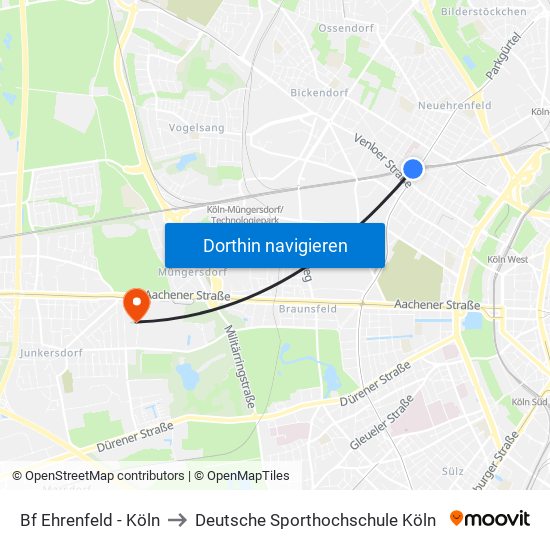 Bf Ehrenfeld - Köln to Deutsche Sporthochschule Köln map