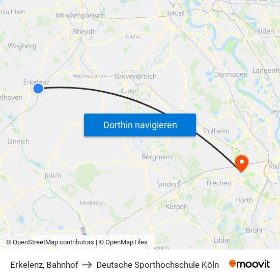 Erkelenz, Bahnhof to Deutsche Sporthochschule Köln map