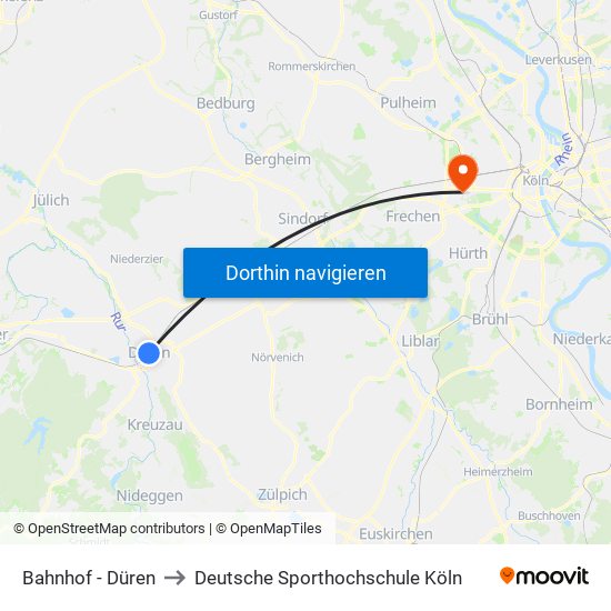 Bahnhof - Düren to Deutsche Sporthochschule Köln map