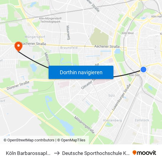 Köln Barbarossaplatz to Deutsche Sporthochschule Köln map