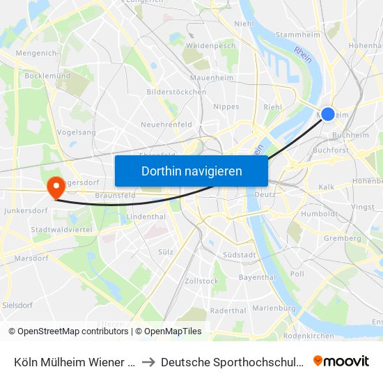 Köln Mülheim Wiener Platz to Deutsche Sporthochschule Köln map