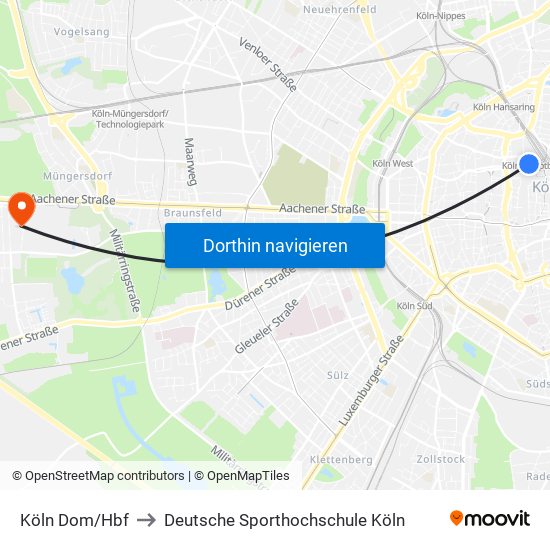 Köln Dom/Hbf to Deutsche Sporthochschule Köln map