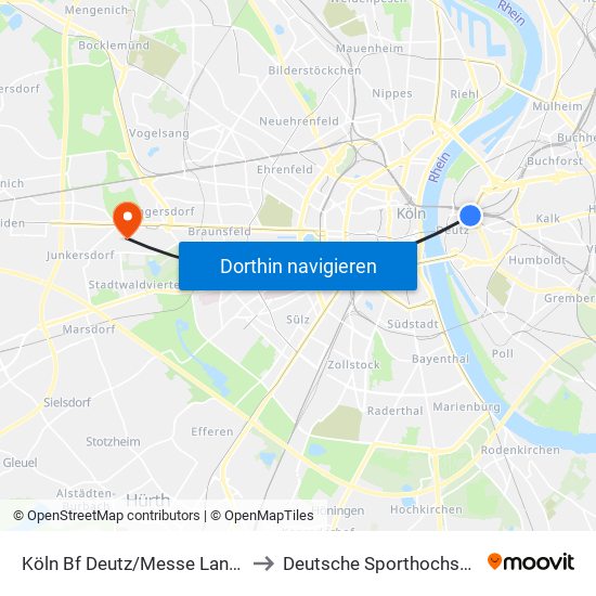 Köln Bf Deutz/Messe Lanxess Arena to Deutsche Sporthochschule Köln map
