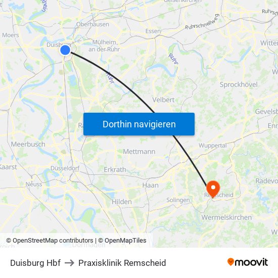 Duisburg Hbf to Praxisklinik Remscheid map