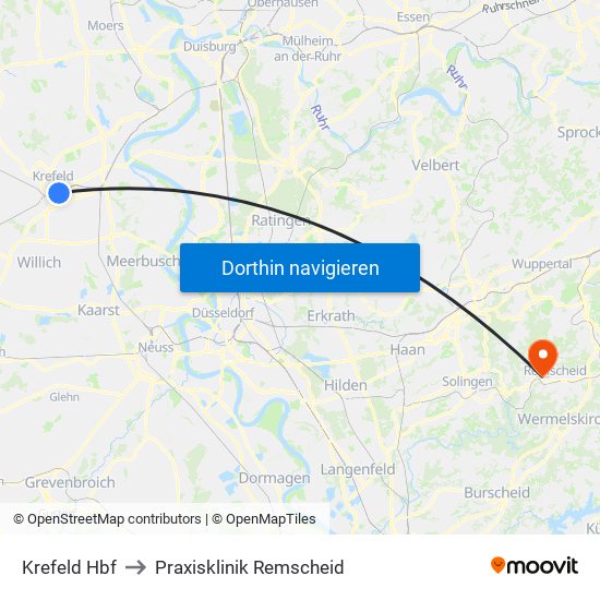 Krefeld Hbf to Praxisklinik Remscheid map