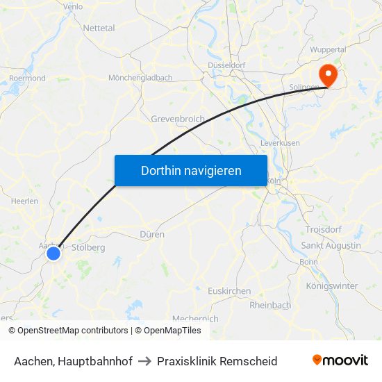 Aachen, Hauptbahnhof to Praxisklinik Remscheid map