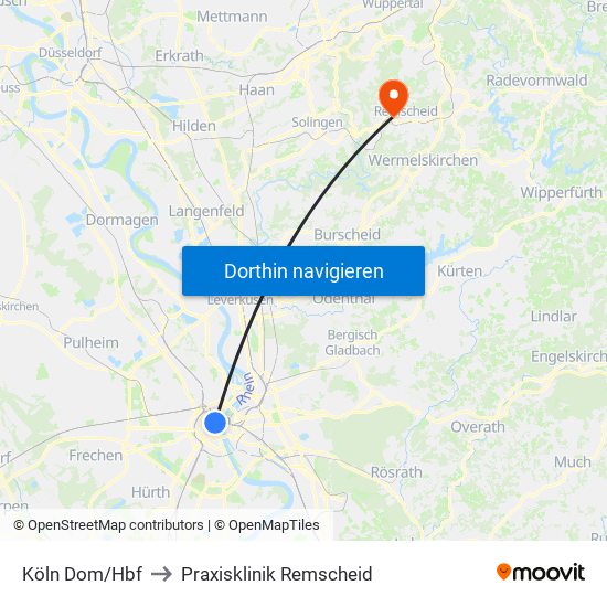 Köln Dom/Hbf to Praxisklinik Remscheid map