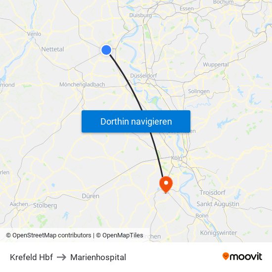 Krefeld Hbf to Marienhospital map