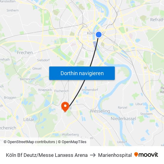 Köln Bf Deutz/Messe Lanxess Arena to Marienhospital map