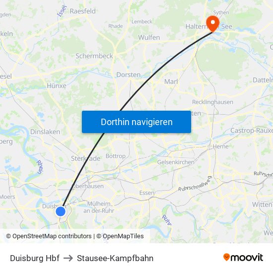 Duisburg Hbf to Stausee-Kampfbahn map