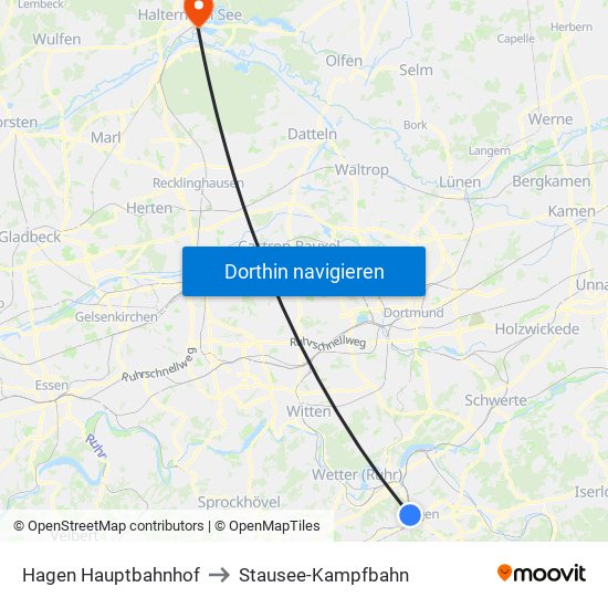 Hagen Hauptbahnhof to Stausee-Kampfbahn map