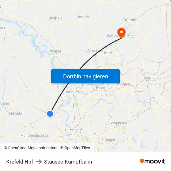 Krefeld Hbf to Stausee-Kampfbahn map