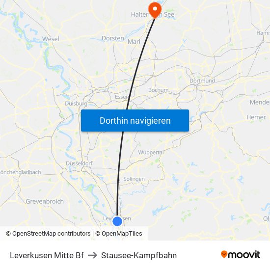 Leverkusen Mitte Bf to Stausee-Kampfbahn map