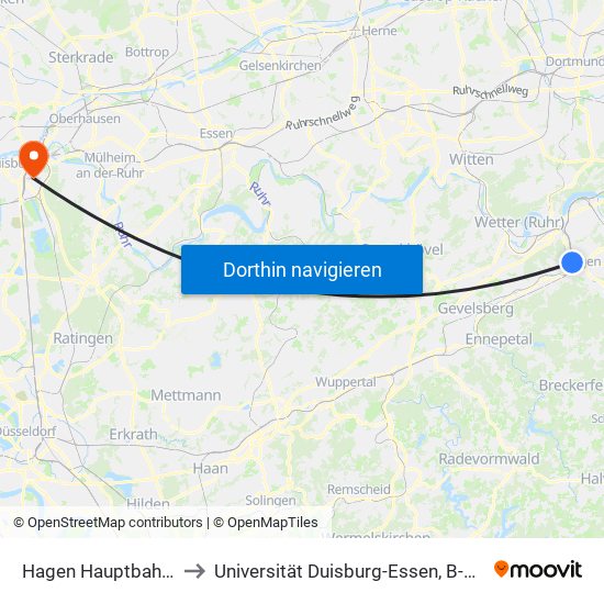 Hagen Hauptbahnhof to Universität Duisburg-Essen, B-Bereich map