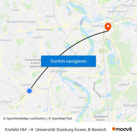 Krefeld Hbf to Universität Duisburg-Essen, B-Bereich map