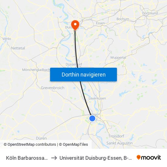 Köln Barbarossaplatz to Universität Duisburg-Essen, B-Bereich map