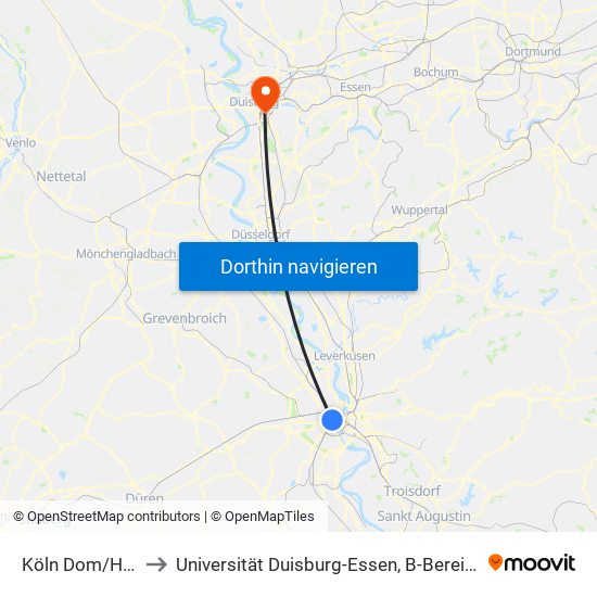 Köln Dom/Hbf to Universität Duisburg-Essen, B-Bereich map