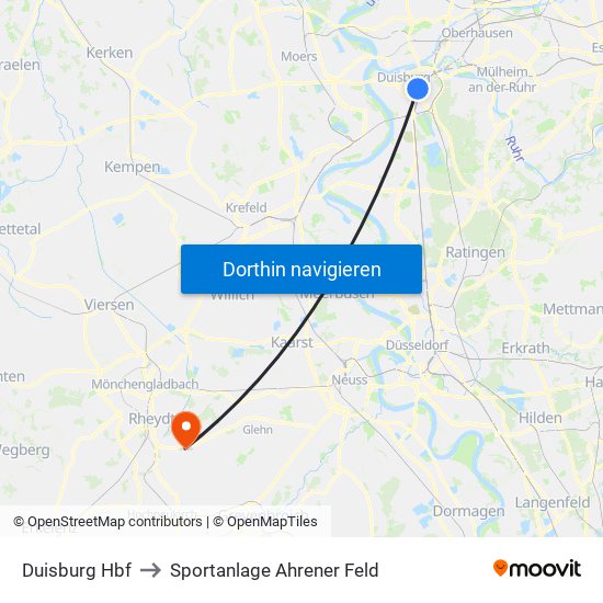 Duisburg Hbf to Sportanlage Ahrener Feld map