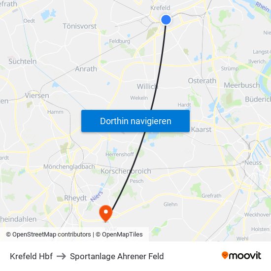 Krefeld Hbf to Sportanlage Ahrener Feld map