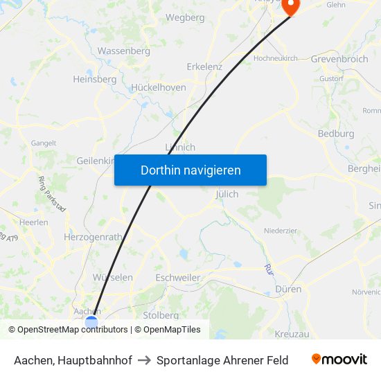 Aachen, Hauptbahnhof to Sportanlage Ahrener Feld map