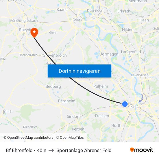 Bf Ehrenfeld - Köln to Sportanlage Ahrener Feld map