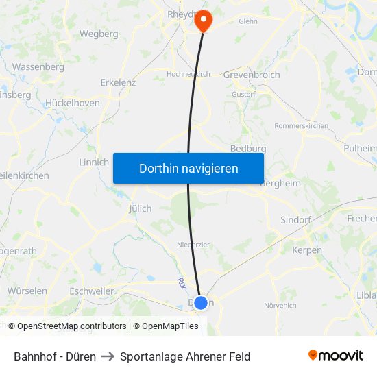 Bahnhof - Düren to Sportanlage Ahrener Feld map