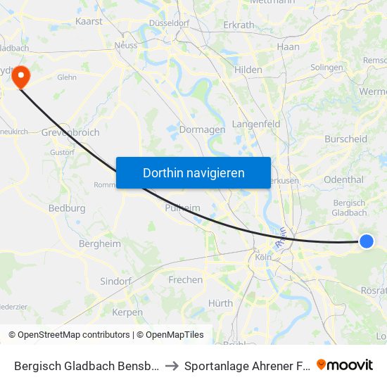 Bergisch Gladbach Bensberg to Sportanlage Ahrener Feld map