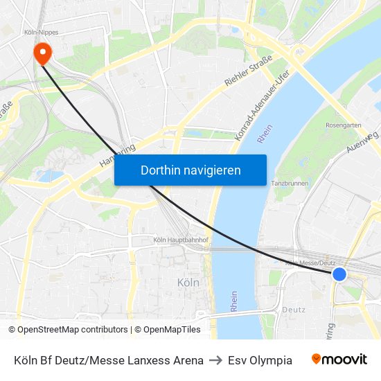 Köln Bf Deutz/Messe Lanxess Arena to Esv Olympia map