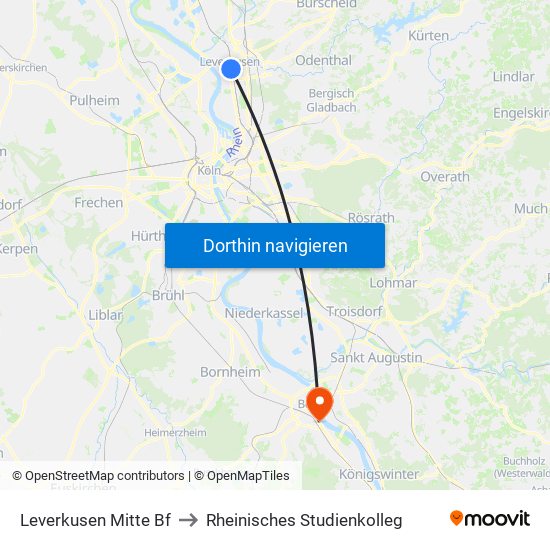 Leverkusen Mitte Bf to Rheinisches Studienkolleg map