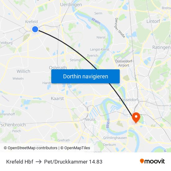 Krefeld Hbf to Pet/Druckkammer 14.83 map