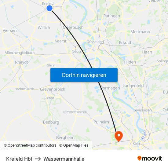 Krefeld Hbf to Wassermannhalle map