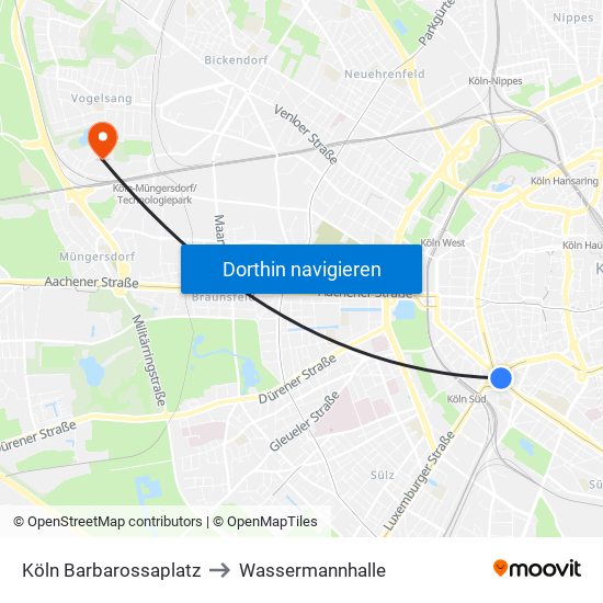 Köln Barbarossaplatz to Wassermannhalle map