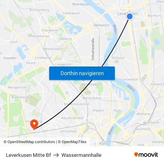 Leverkusen Mitte Bf to Wassermannhalle map