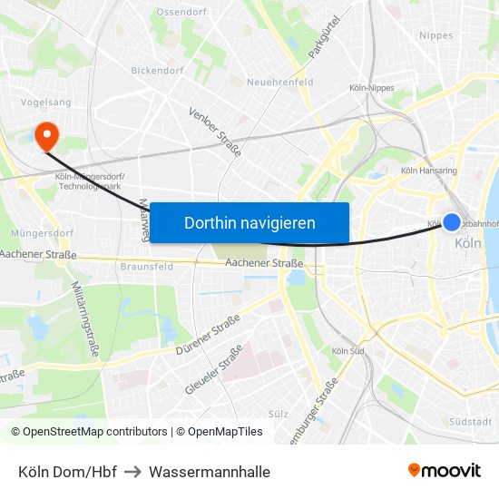 Köln Dom/Hbf to Wassermannhalle map