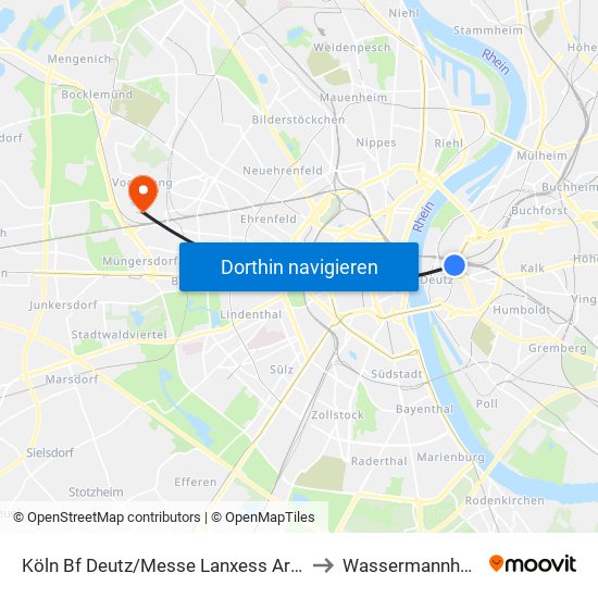 Köln Bf Deutz/Messe Lanxess Arena to Wassermannhalle map