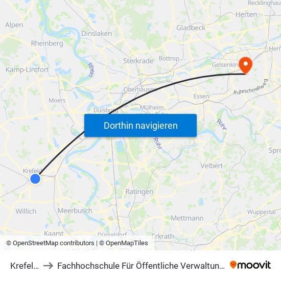 Krefeld Hbf to Fachhochschule Für Öffentliche Verwaltung Nrw, Zentralverwaltung map