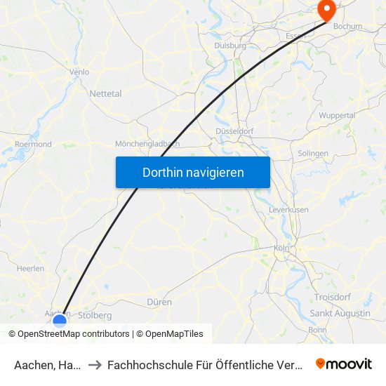 Aachen, Hauptbahnhof to Fachhochschule Für Öffentliche Verwaltung Nrw, Zentralverwaltung map