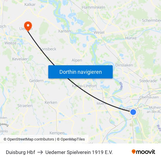 Duisburg Hbf to Uedemer Spielverein 1919 E.V. map