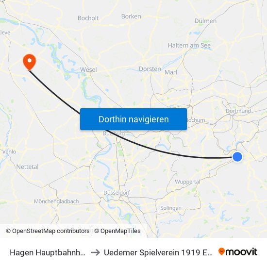Hagen Hauptbahnhof to Uedemer Spielverein 1919 E.V. map