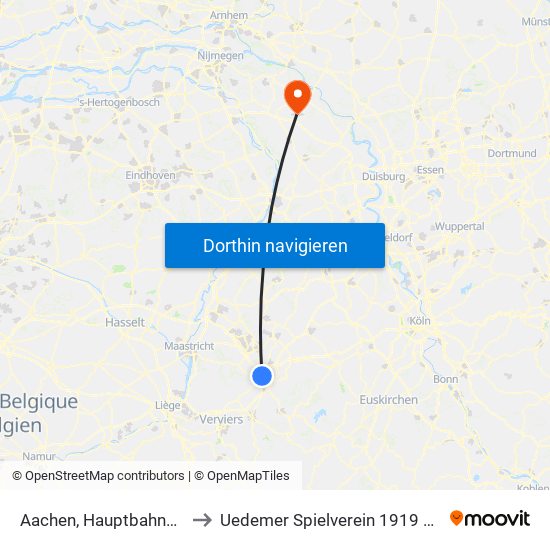 Aachen, Hauptbahnhof to Uedemer Spielverein 1919 E.V. map
