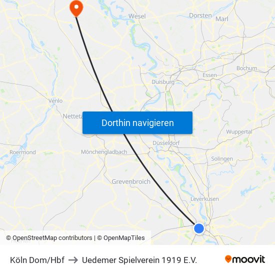 Köln Dom/Hbf to Uedemer Spielverein 1919 E.V. map