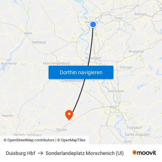 Duisburg Hbf to Sonderlandeplatz Morschenich (Ul) map