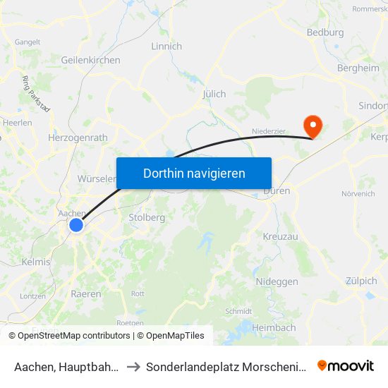 Aachen, Hauptbahnhof to Sonderlandeplatz Morschenich (Ul) map