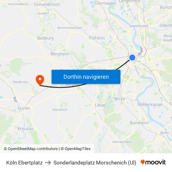 Köln Ebertplatz to Sonderlandeplatz Morschenich (Ul) map