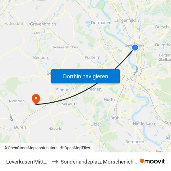 Leverkusen Mitte Bf to Sonderlandeplatz Morschenich (Ul) map