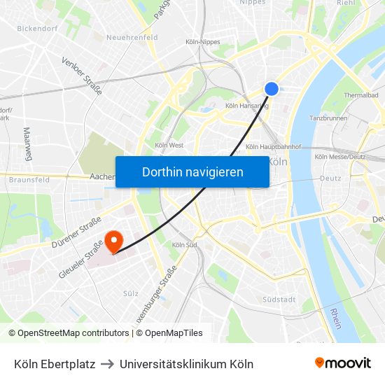 Köln Ebertplatz to Universitätsklinikum Köln map