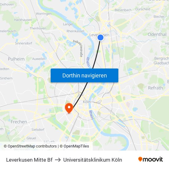 Leverkusen Mitte Bf to Universitätsklinikum Köln map