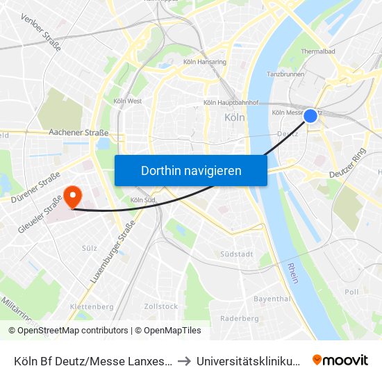 Köln Bf Deutz/Messe Lanxess Arena to Universitätsklinikum Köln map