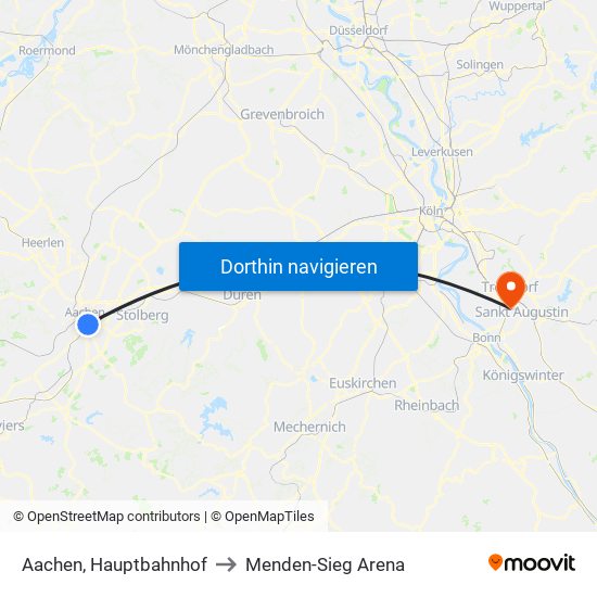 Aachen, Hauptbahnhof to Menden-Sieg Arena map